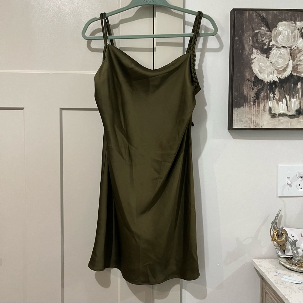 House of Harlow Olive Green braided-strap satin mini dress size medium